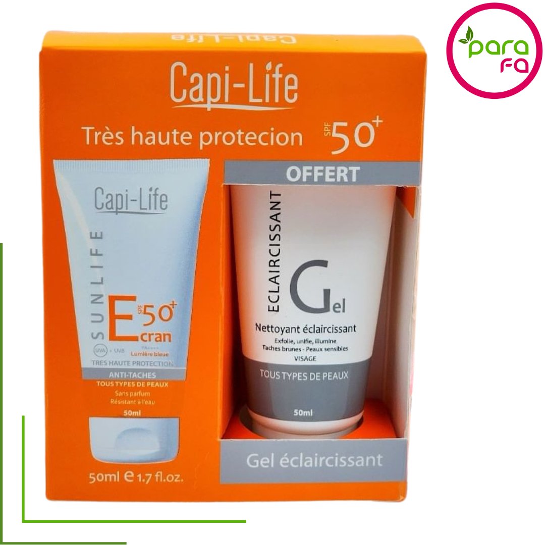 Capi Pack Ecran solaire anti taches 50+ 50ml+ gel éclaircissant 50ml - Parafa Maroc para
