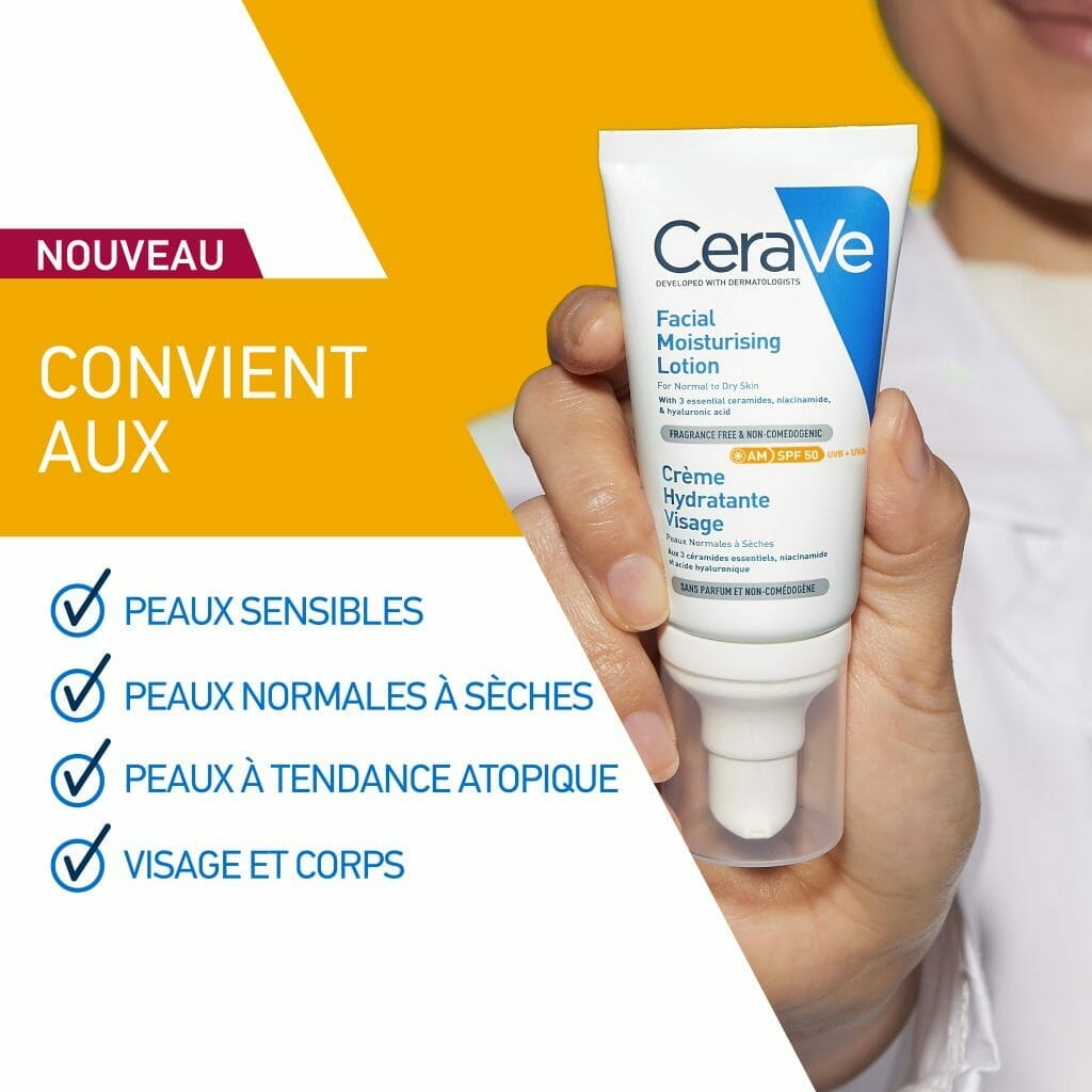 CeraVe - Crème Hydratante Visage SPF50 Peaux Normales à Sèches - 52ml - Parafa Maroc para